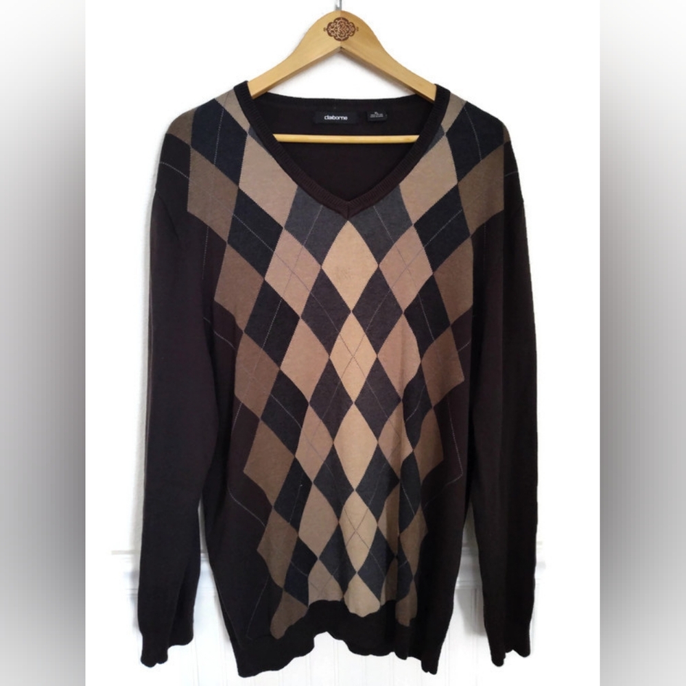 Claiborne Mens Fall Argyle V Neck Medium Weight Sweater Size XL
